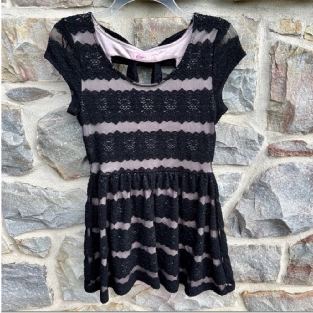 Candie’s Black & Lavender Lace Overlay Bow Accent Fit & Flare Dress Size Large